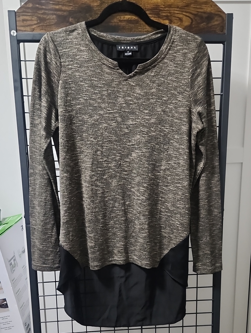 Tribal Olive Heather Long Sleeve Top with Black Chiffon Layer